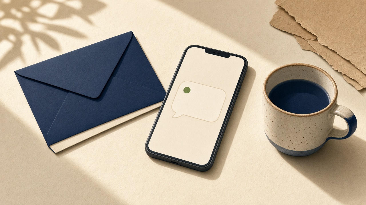 Still life: phone with a chat bubble, envelope and a cup. No people.