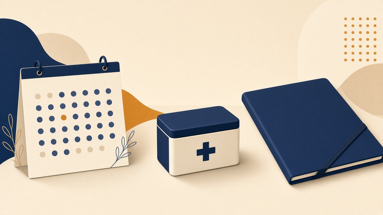 Still life: calendar, first-aid tin and a folder. No people.