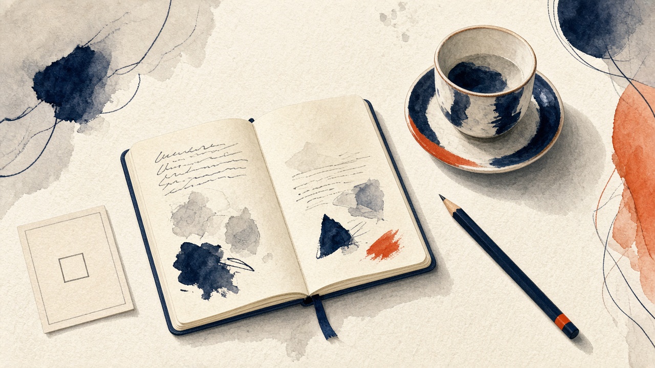 Still life: open notebook, pencil and a cup. No people.