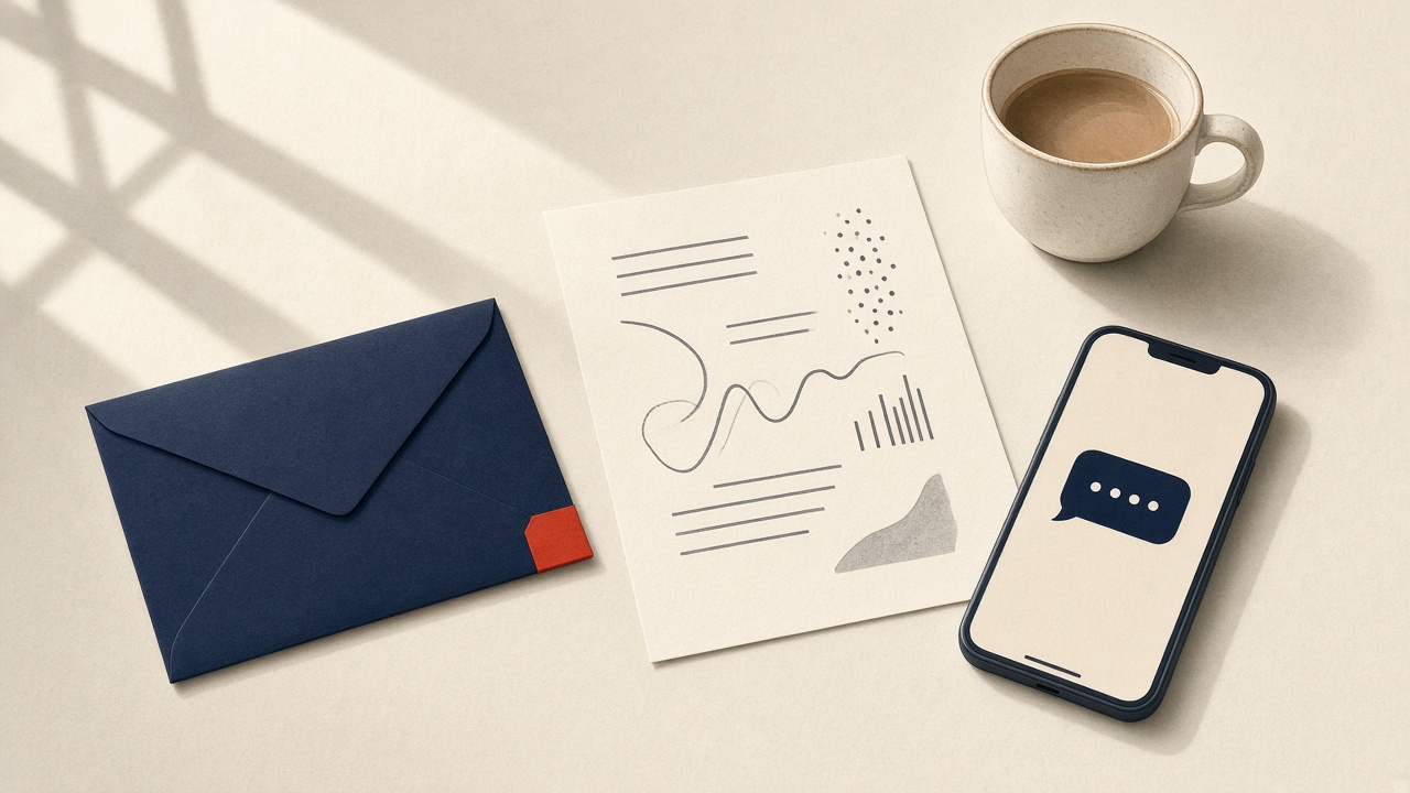 Still life of school mail on a morning table: envelopes, one printed page, coffee and a phone. No people.